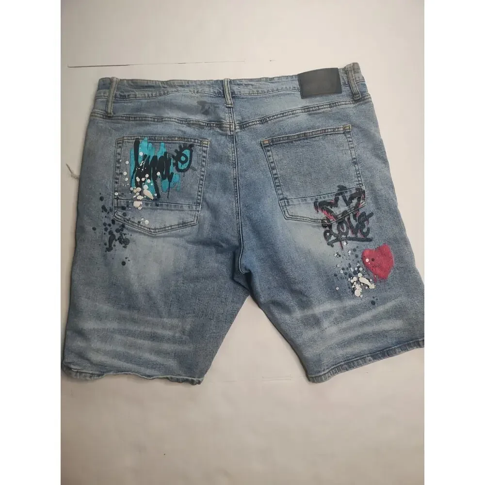 🔥 Rutherford • Distressed Graffiti Denim Slim Fit Blue Jeans Shorts • Men’s 38